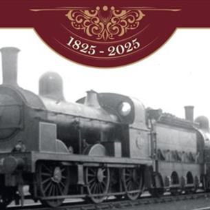 A steam train with the dates 1825 - 2025 as a header