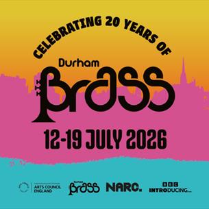 Durham Brass Festival logo on colourful backdrop of Durham.