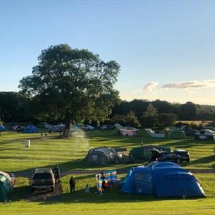 Tents, grass, trees, blue sky