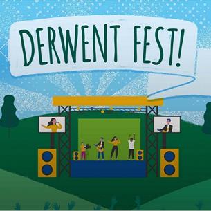 Cartoon image of the performance area with a stage, trees, hills and a yellow aeroplane with a banner with wording Derwent Fest!