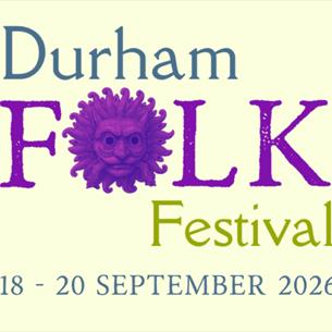 A text logo on a yellow background, with the Sanctuary knocker featured. Durham Folk Festival