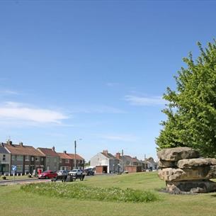 Fishburn front street, Tree, village green, houses, road