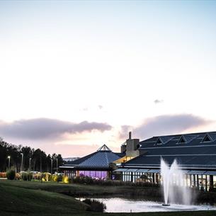 View of the rear exterior of Ramside Hall with fountain