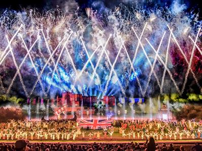 Grand Finale all cast of Kynren, view from the tribune, fireworks over the crowd.