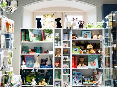 The inside of the shop with books, toys and cards on display.