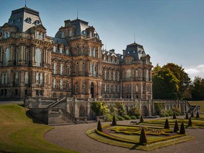 Exterior view of The Bowes Museum and surrounding gardens