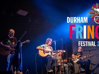 Four musicians playing on stage with wording Durham Fringe Festival 2024