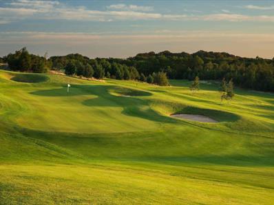 Scenic golf course with green fairways, a flagstick, bunkers, and trees at sunset.