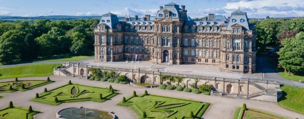A drone image of The Bowes Museum grounds