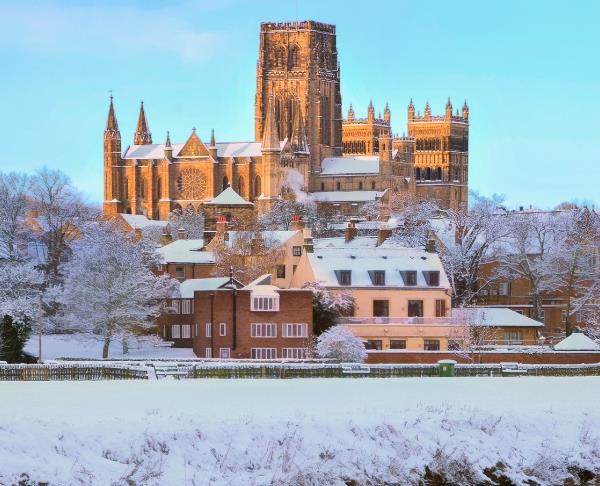 Durham Cathedral and riverbanks in the snow