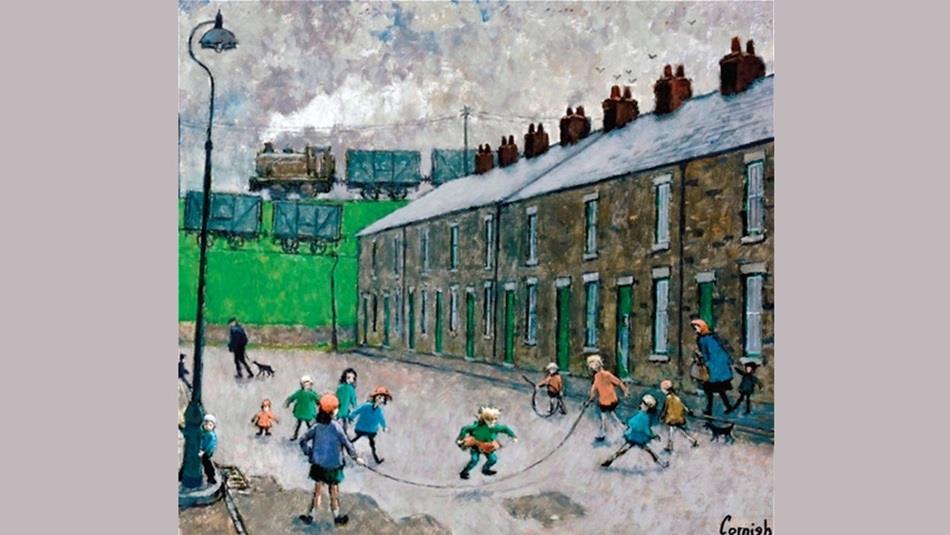 A painting of children playing in the street in front of a row of workers cottages and a steam train in the distance