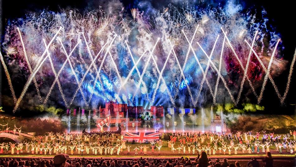 Grand Finale all cast of Kynren, view from the tribune, fireworks over the crowd.