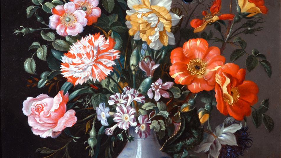 A still life painting of a floral arrangement in a blue and white porcelain vase placed on a wooden surface. The composition features various flowers