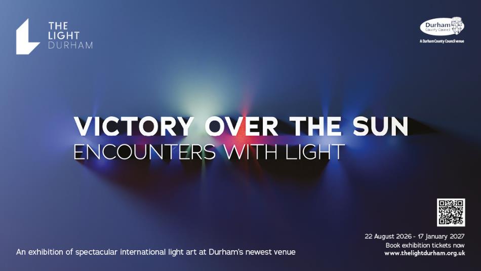 Text reads, 'Victory Over The Sun Encounters with Light' against a multicoloured background of light emerging from darkness.