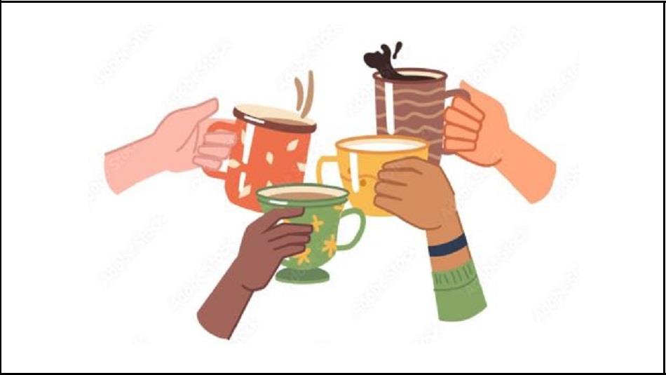 Cartoon image of colourful mugs being held