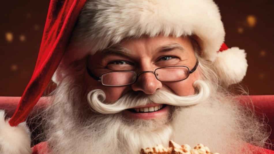 Santa Claus wearing glasses and holding popcorn
