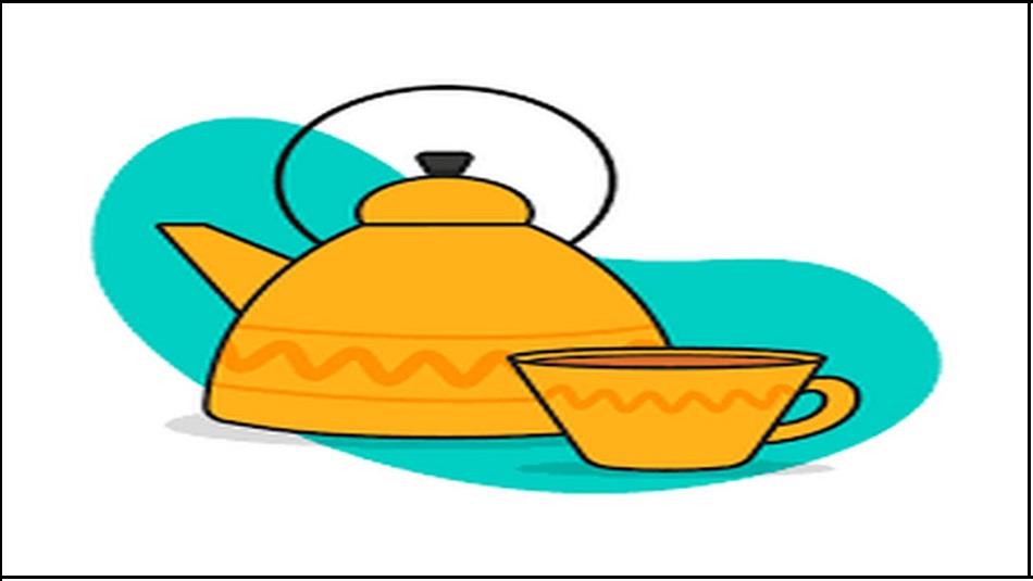 Tea, Cake and Chat.  Cartoon image of a kettle and cup in yellow