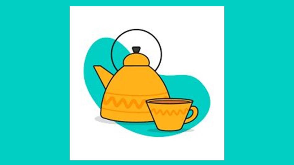 Cartoon image of a yellow teapot and cup