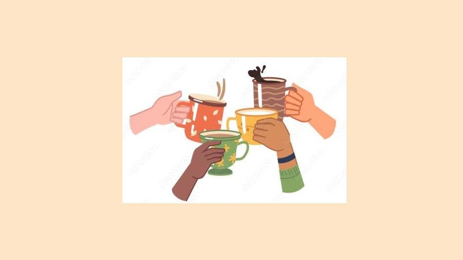 Merryoaks Community Hall Coffee Morning.  Illustration of colourful coffee mugs being held.