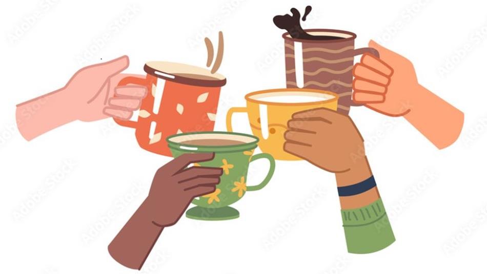 Colourful illustration of four hands holding a variety of mugs.