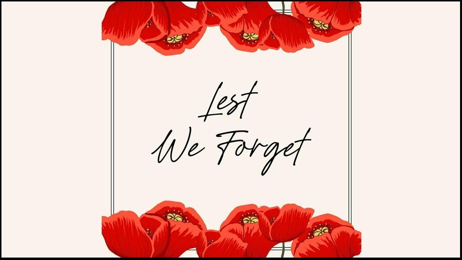 Red poppies on a cream background with the wording Lest we Forget.