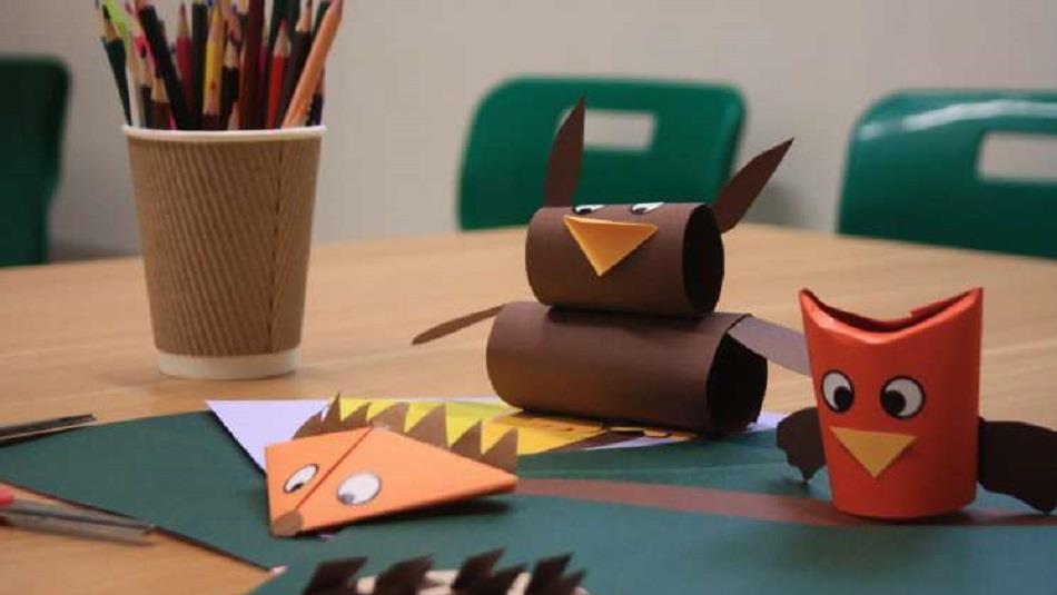 Paper Crafts at Ushaw on the theme of owls and hedgehogs.