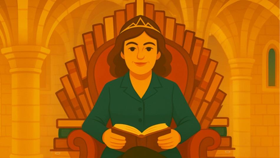 Cartoon image of a woman, wearing a tiara, sitting on a throne, reading a book