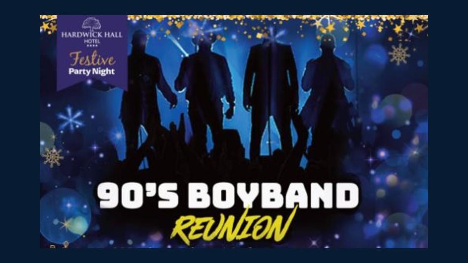 boyband graphic with sparkly lights. text of 90's Boyband in white. Reunion in yellow text.