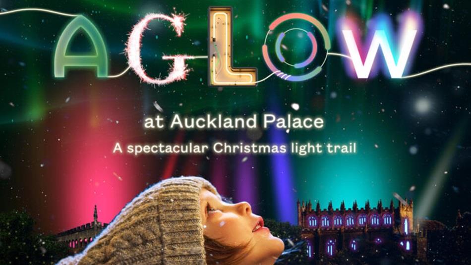 AGLOW advertising poster with a child looking up to the nights sky with AGLOW illuminated in colours