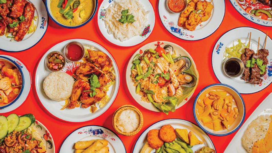 A collection of the delicious Thai street food dishes that Zaap Thai offers - Gai Yang, Yum Mama, Gaeng Massamun, Khow Niew Mamuang, Gai Satay, Tom Yu