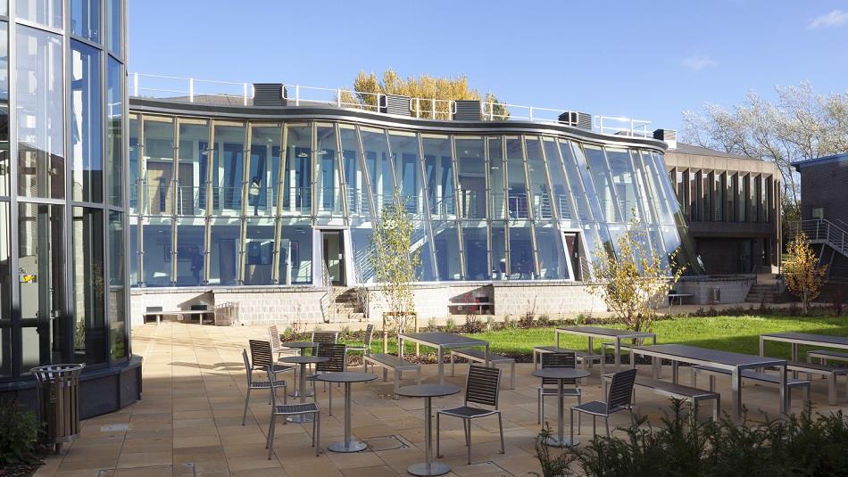 Business School with glass frontage and seating area