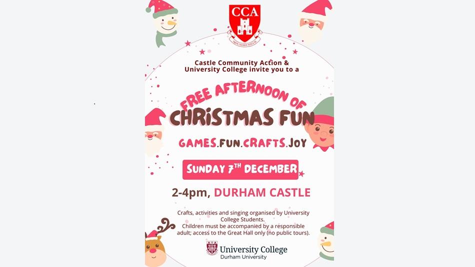 Advertising poster displaying details of event and decorated with Christmas images, Reindeer, Snowman, Santa Claus and Elf.