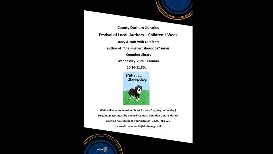 Poster advertising event with an image of the book The Smallest Sheepdog.