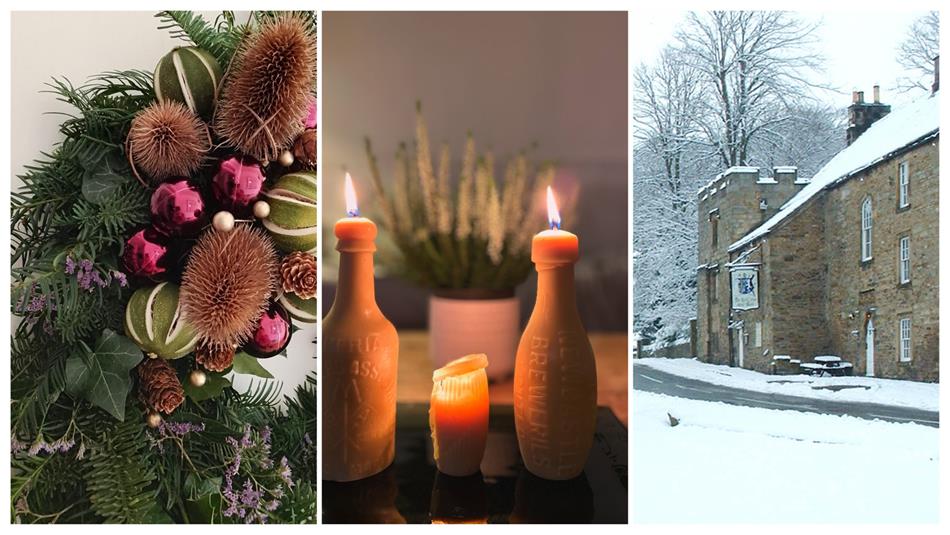 images of the lord crewe, dusted in snow, 3 beeswax candes and a christmas wreath in burgundy and green