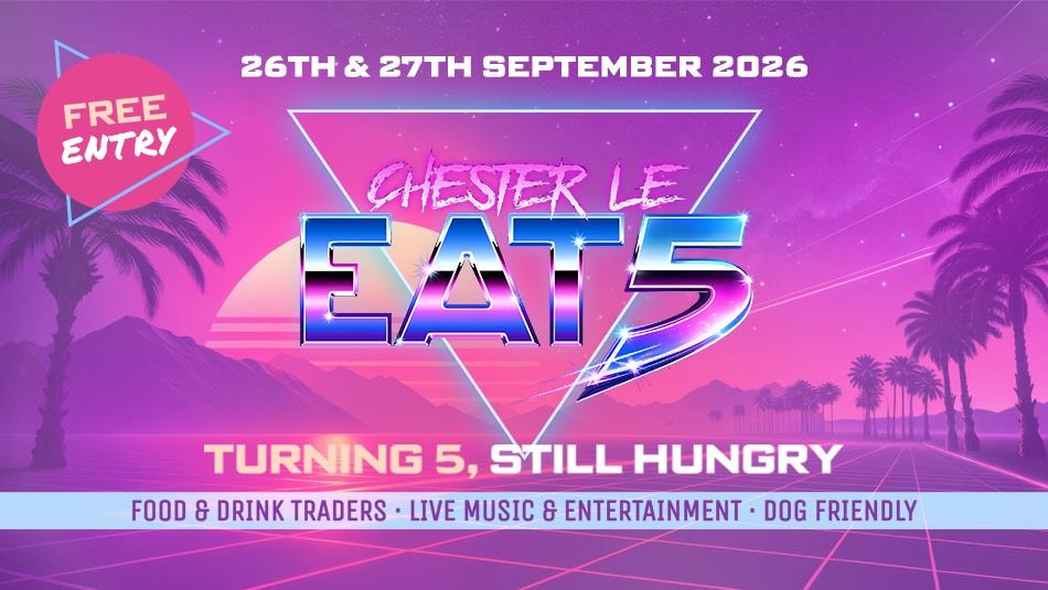 Chester-le-EATS 26th/27th September. Poster shows hills and palm trees in a hazy purple background.