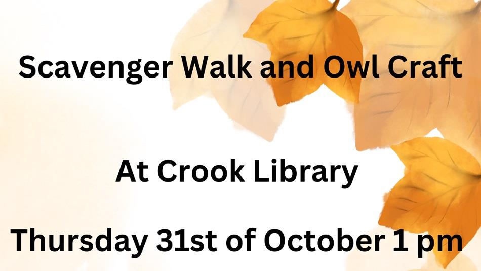 Scavenger Walk and Owl Craft at Crook Library Thursday 31st October 1pm on a background of Autumn Leaves