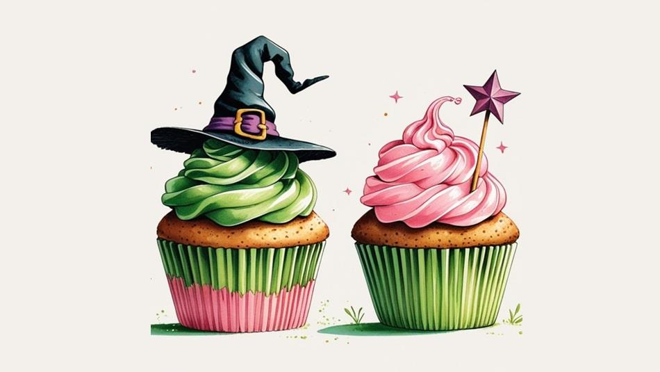 Cupcakes decorated in pink and green with a witch's hat and wand
