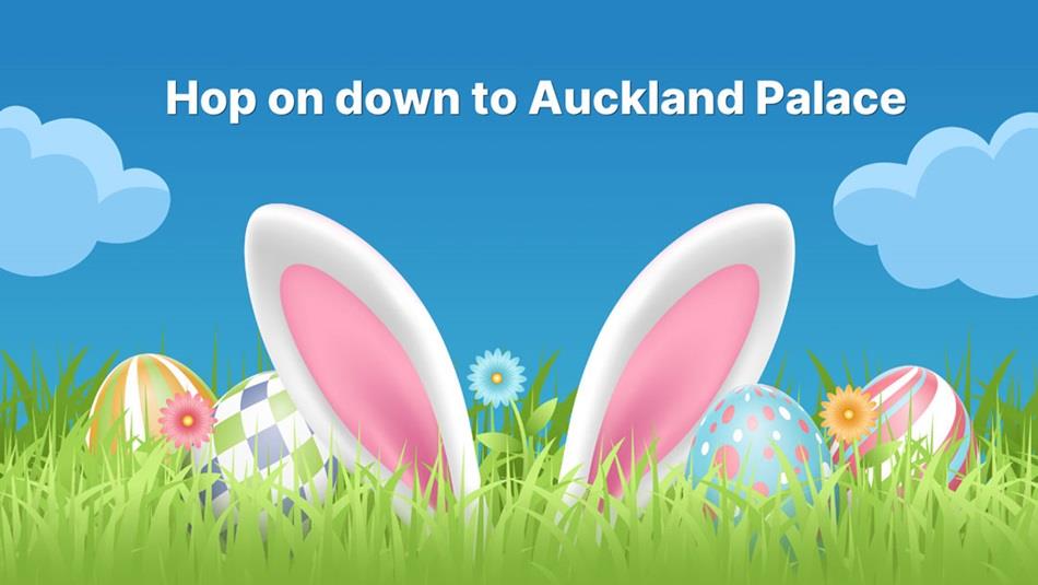 Cartoon image of bunny ears and Easter eggs in long grass.