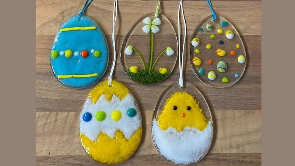 Egg shaped Easter decorations made from fused glass