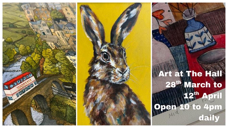 3 images showing art work a close up of a landscape by Matthew Ellwood, a hare by Art by Sam and still lifeCharlotte Thompson