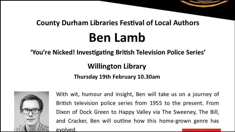 Black and white photo of Ben Lamb, County Durham Libraries Festival of Local Authors, Willington Library.