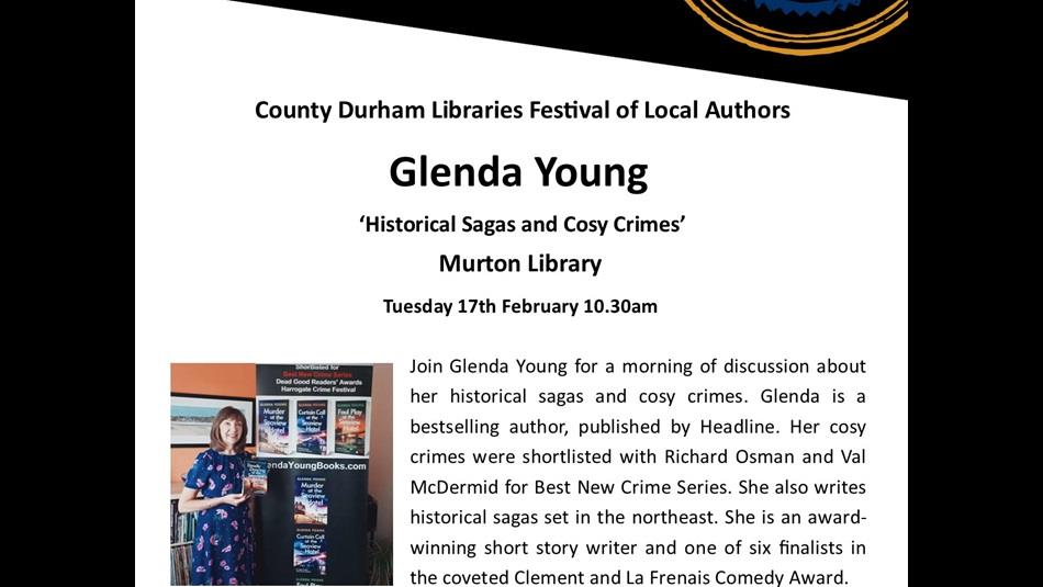 Glenda Young in front of a screen showing her novels, preparing for a talk on, 'Historical Sagas and Cosy Crimes' at Murton Library.