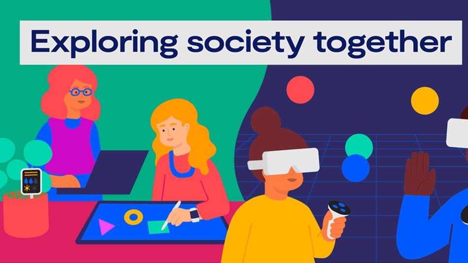 Colourful illustration of young people using technology