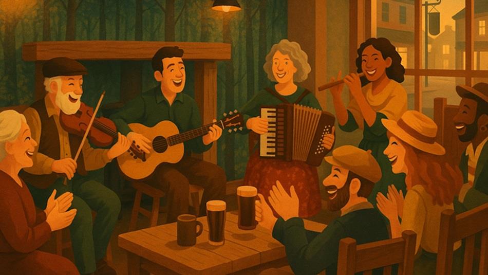 Cartoon image of a group of people sitting around a table playing musical instruments