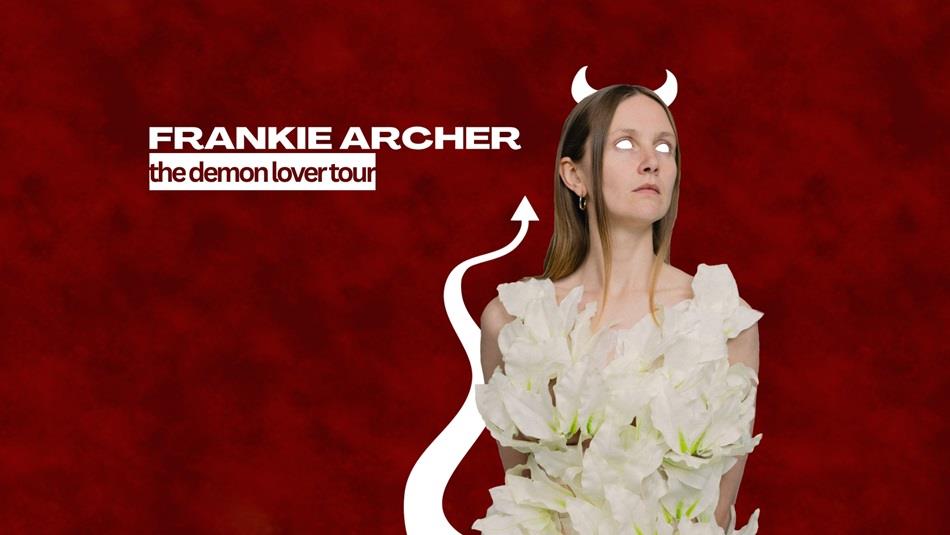 Event poster, a woman with devil horns and tail dressed in white