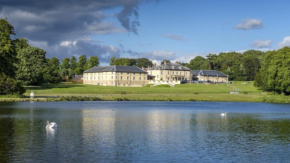 Front of Hardwick Hall Hotel, view from the lake in Hardwick Park.