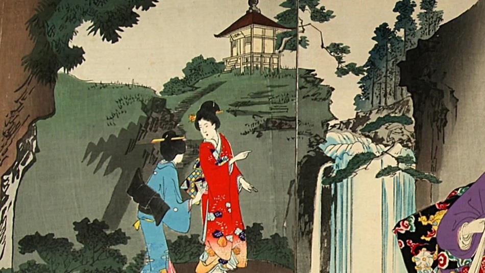 Colour woodblock print, from an album entitled Bijutsu Azuma nishiki-e gajo showing women in a garden by a waterfall, 1890-1912, Signed: Yoshu Chikano