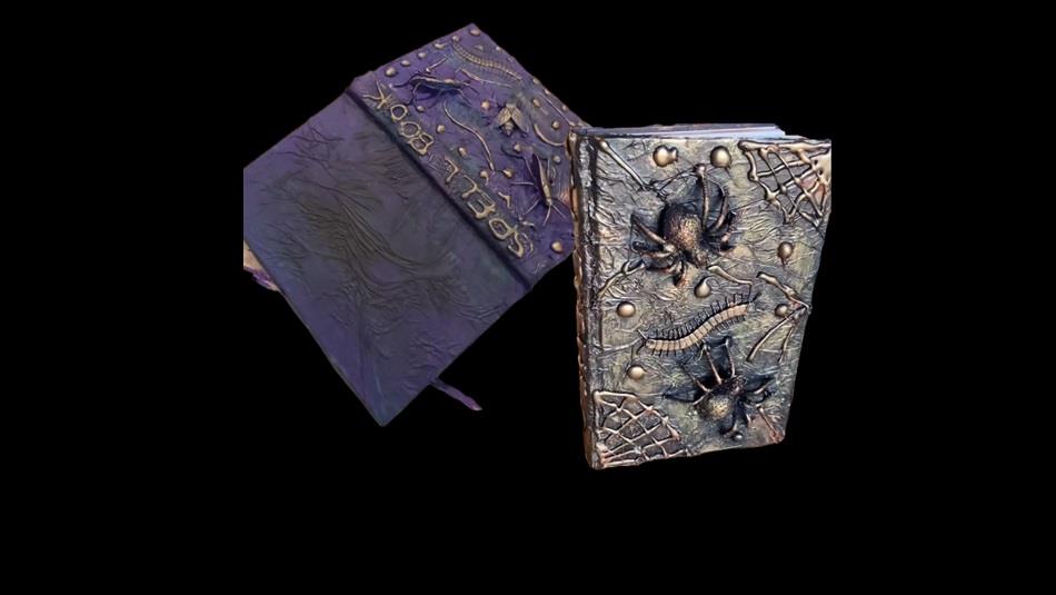 Two examples of a Grimmoire, one in purple, the other silver