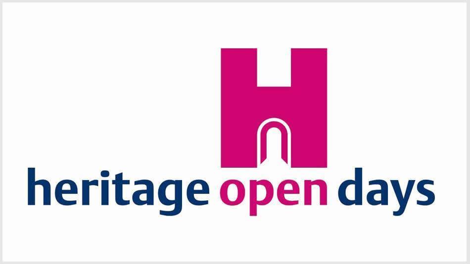 Heritage open days logo of a pink letter 'H' in the shape of a castle.