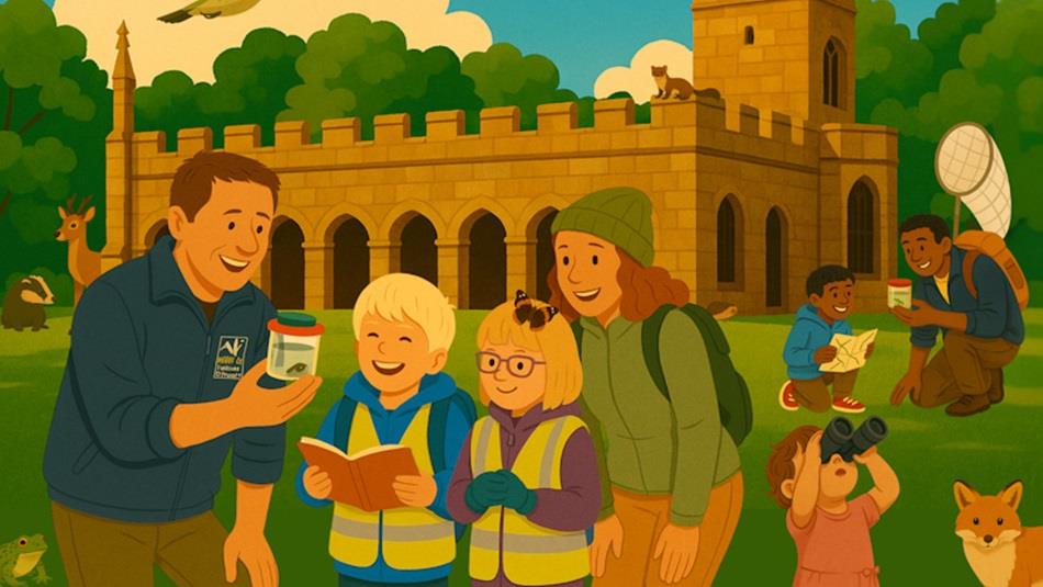 A cartoon image of children and adults enjoying an outdoor activity at Auckland Palace Deer Park